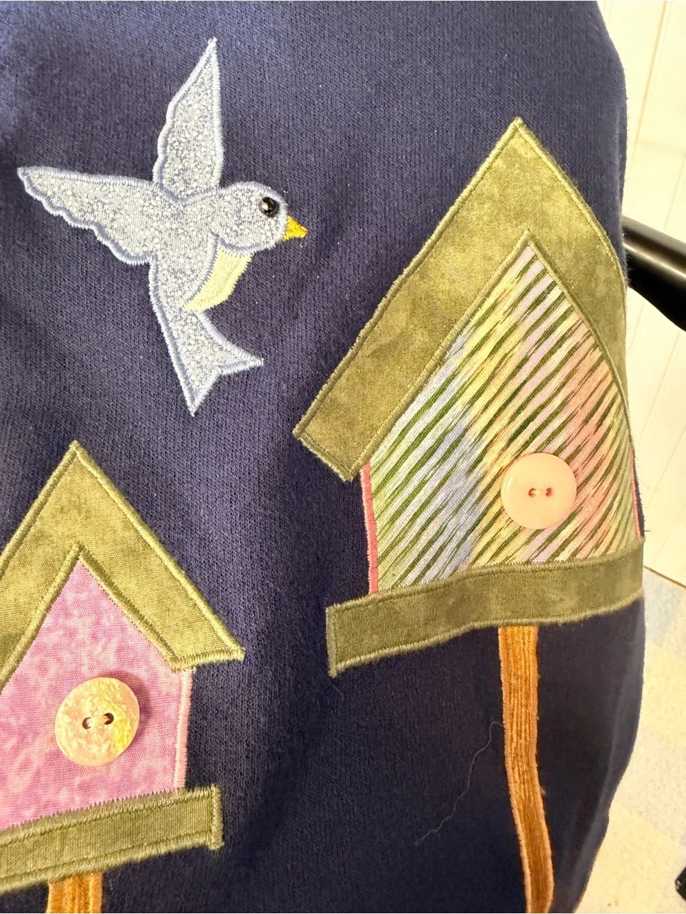 VINTAGE Navy Sweatshirt with Yellow & Pink Birdhouse Appliqués